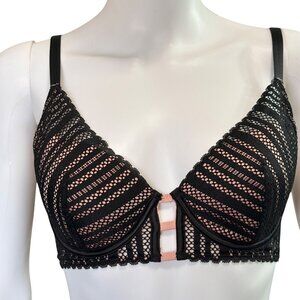 Victoria Secret Plunge Bra Womens 32DD Black Beige Lace Adjustable Hook Closure
